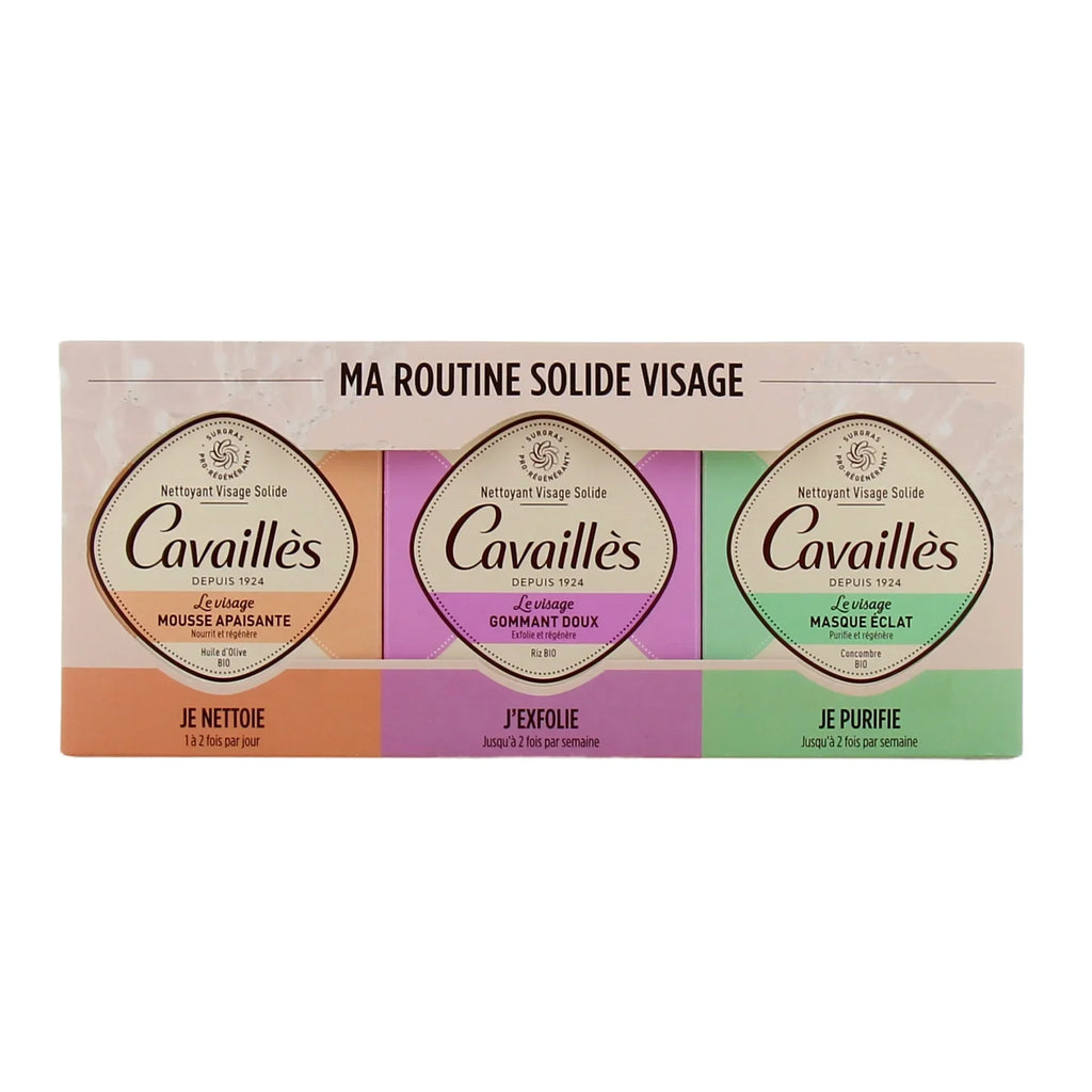 CAVAILLES Ma Routine Solide Visage – Mousse Apaisante + Gommant Doux + Masque Éclat