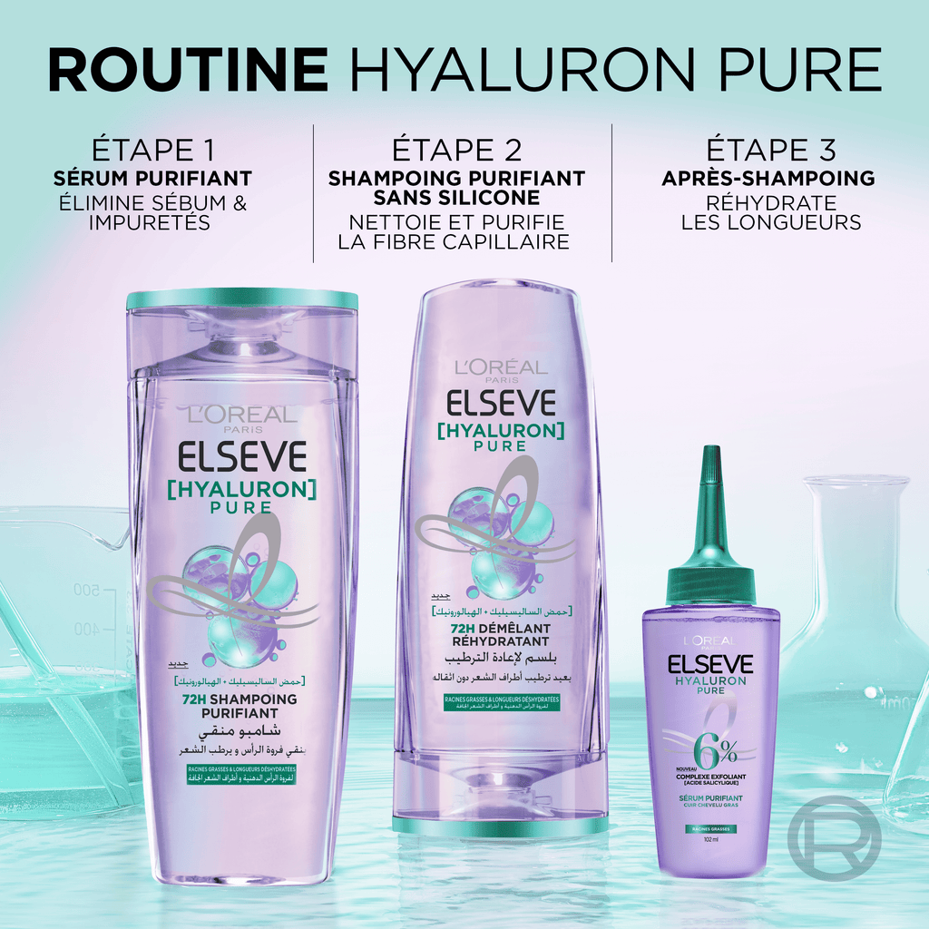 Elseve Routine Hyaluron Pure Shampooing Purifiant 72h 200ml + Démêlant 200ml + Sérum 102ml