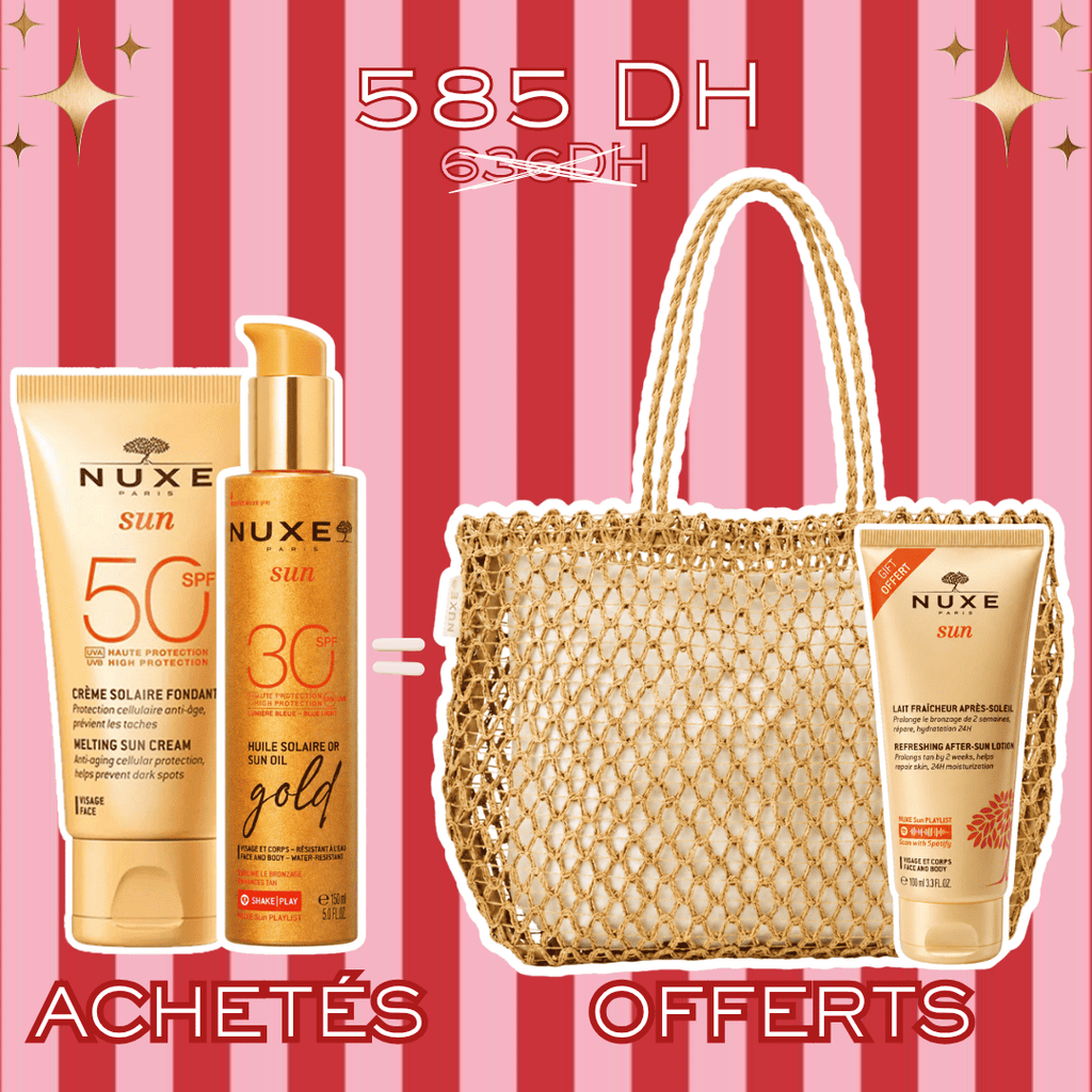 NUXE Sun Huile Solaire Gold  SPF30 150 ml + Crème Fondante SPF50+ 50 ml = Shampooing et Sac Offerts