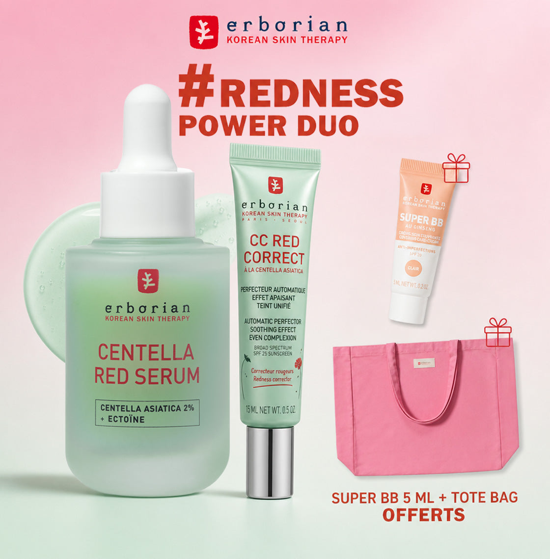 ERBORIAN CENTELLA RED SERUM 30ML + CC Red Correct Anti redness 15ML = SUPER BB 5 ML + TOTE BAG OFFERTS