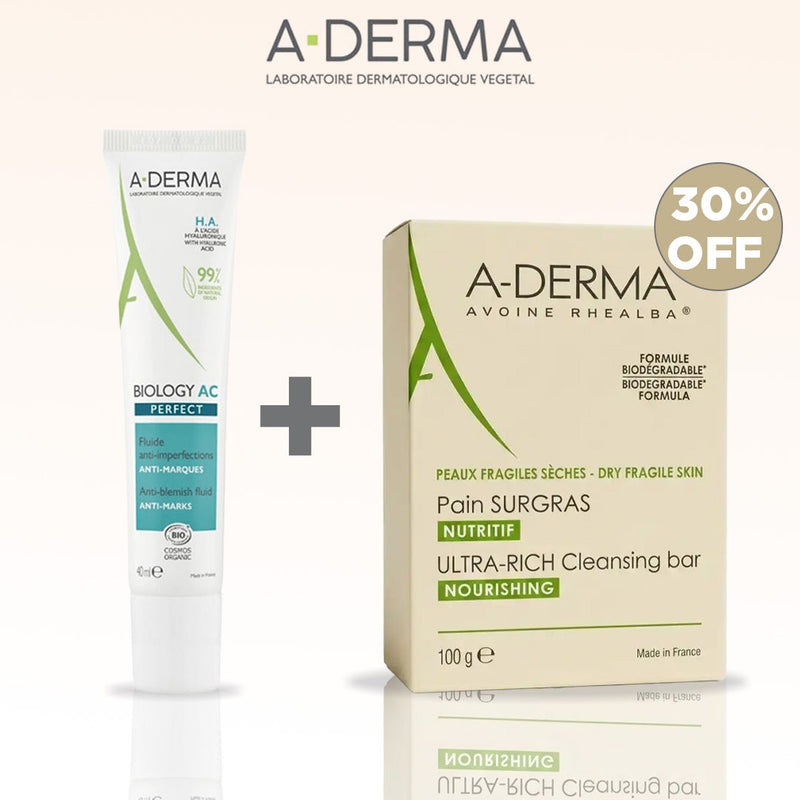 A-DERMA BIOLOGY AC PERFECT FLUIDE ANTI-IMPERFECTIONS 40ML + PAIN SURGRAS NUTRITIF 100G