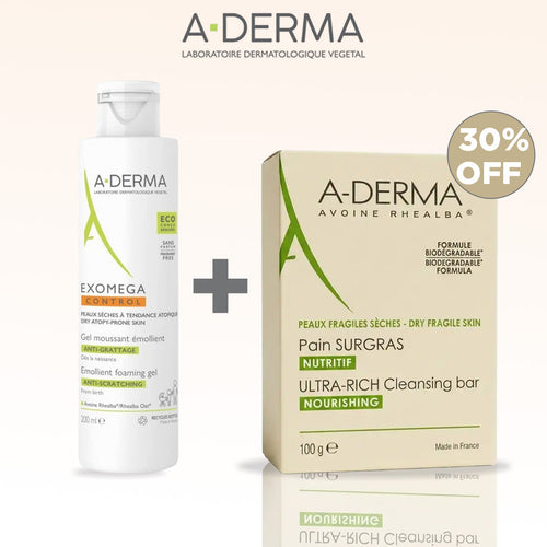 A-derma exomega gel moussant émollient anti-grattage 200 ml + pain surgras nutritif 100g