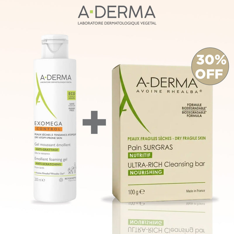 A-derma exomega gel moussant émollient anti-grattage 200 ml + pain surgras nutritif 100g