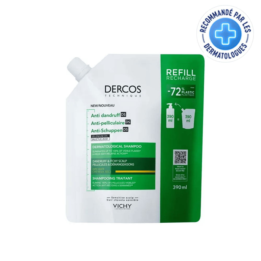 Vichy Dercos Eco-Recharge Shampooing Antipelliculaire Cheveux Secs 390ml = Format Voyage 50 Ml*2 Offerts