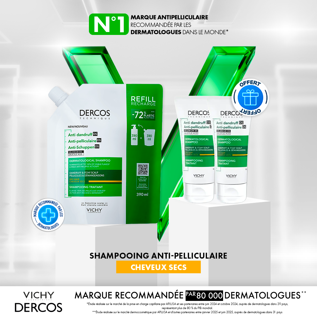 Vichy Dercos Eco-Recharge Shampooing Antipelliculaire Cheveux Secs 390ml = Format Voyage 50 Ml*2 Offerts