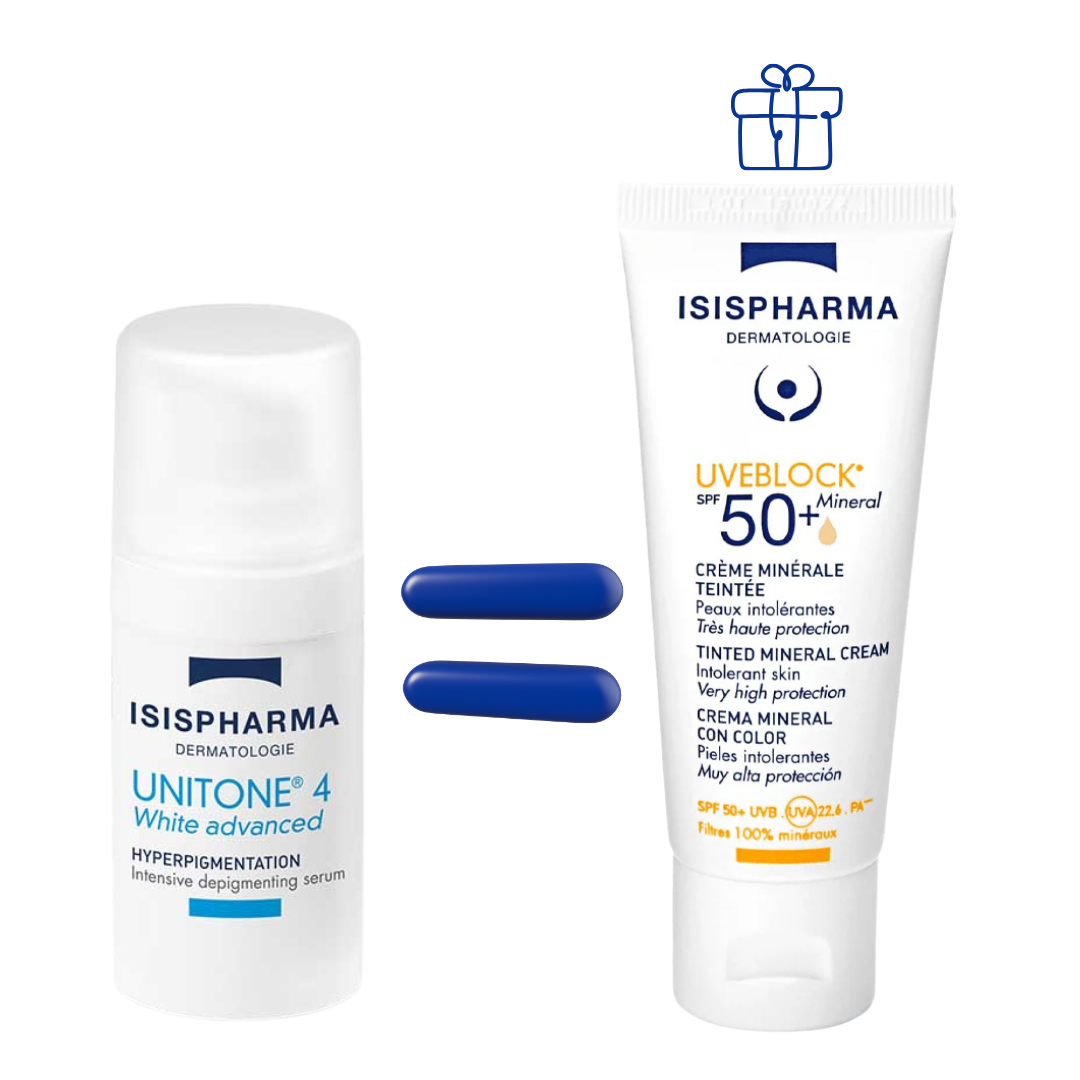 ISISPHARMA UNITONE4 white advanced Serum depigmentant Intensif 15ml =  uveblock 50+ Mineral Teintee Offert