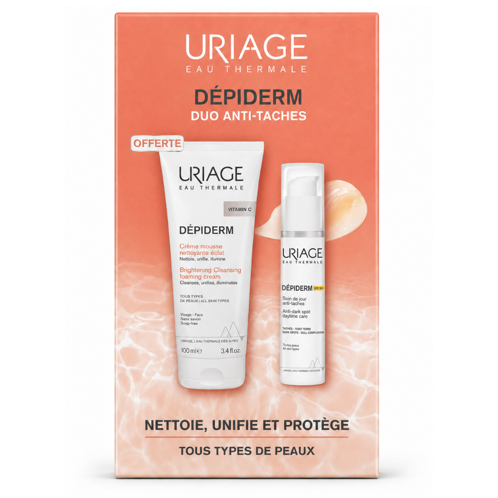 Uriage Duo Pack Dépiderm Soin de Jour Anti-Taches SPF50 30ml = Crème Mousse Nettoyante 100ml Offerte