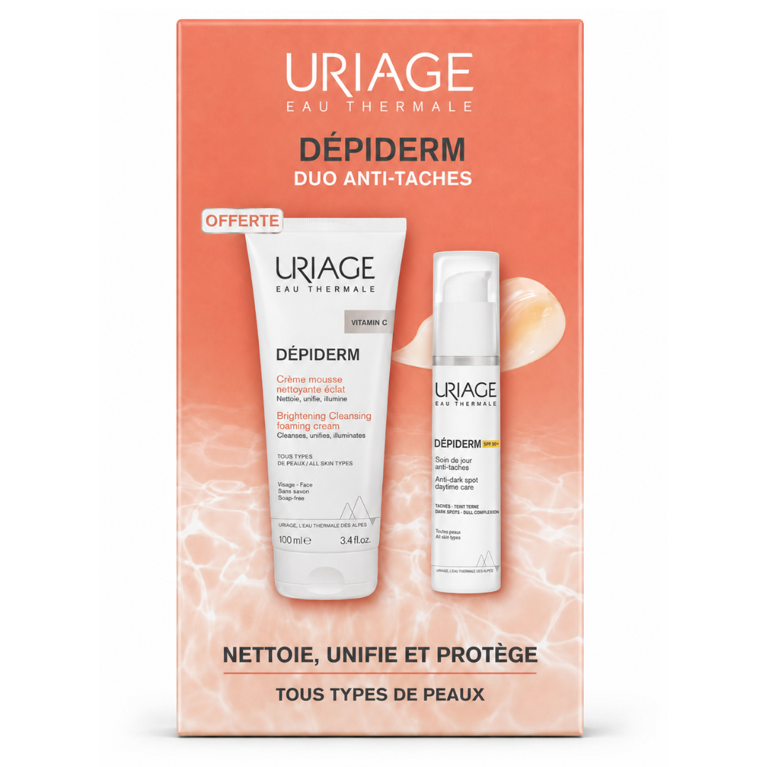 Uriage Duo Pack Dépiderm Soin de Jour Anti-Taches SPF50 30ml = Crème Mousse Nettoyante 100ml Offerte