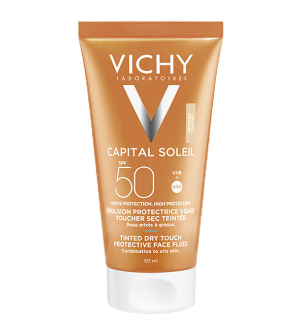VICHY CAPITAL SOLEIL ÉMULSION TOUCHER SEC SPF50 PEAU SENS MIXTE À GRAS TEINTÉE = APRES-SOLEIL 100ML OFFERTE