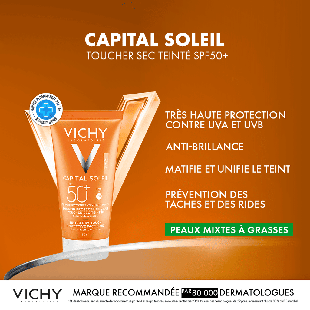 VICHY CAPITAL SOLEIL ÉMULSION TOUCHER SEC SPF50 PEAU SENS MIXTE À GRAS TEINTÉE = APRES-SOLEIL 100ML OFFERTE