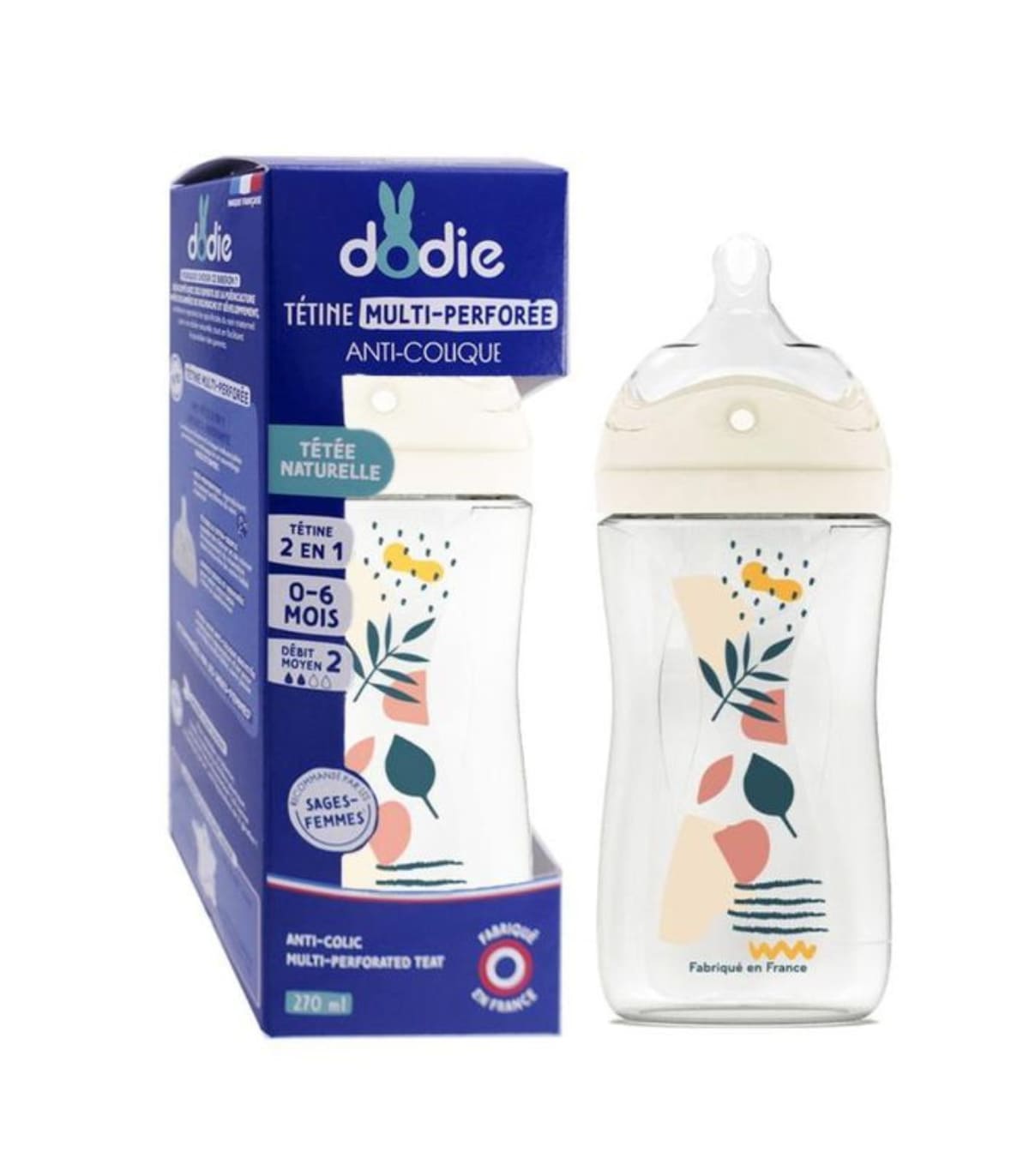 DODIE BIBERON TETINE MULT ANTI COLIQUE 0-6 MOIS DEBIT 2 BLEU 270 ML