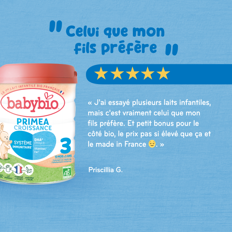 BABYBIO – LAIT BIO INFANTILE PRIMEA CROISSANCE 3 POUR BEBE DE 10 A 36 MOIS 800G